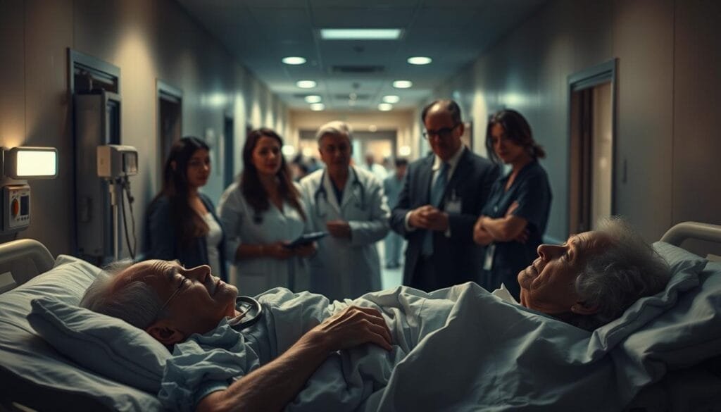 A dimly-lit hospital room, the muted beeps of medical equipment punctuating the air. In the foreground, an elderly patient lies in bed, a weary expression on their face. Beside them, a concerned family member holds their hand, the strain of caregiving evident in their furrowed brow. In the middle ground, a team of healthcare professionals confer, their expressions grave as they discuss the challenges of treating an aging population. The background is a hazy scene of bustling hospital corridors, the strain on the system palpable. Soft, warm lighting casts a somber mood, emphasizing the weight of the situation. A contemplative, documentary-style scene capturing the complex realities of healthcare in an aging society.