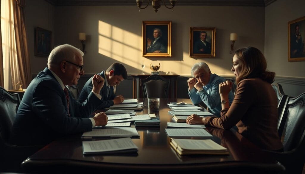A family-owned business divided, tensions rising as siblings negotiate the future. A dimly lit boardroom, mahogany furniture casting shadows, documents and ledgers scattered across the table. Furrowed brows, clenched fists, a sense of unease permeating the air. In the background, family portraits hang solemnly, a reminder of the shared history now at odds. Subtle streaks of light from a lone window illuminate the faces, highlighting the weight of the decision at hand. This is the delicate dance of legacy and letting go, where the emotional and the practical collide.