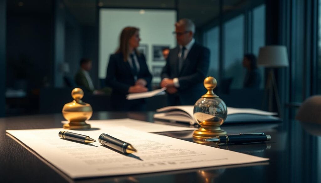 A meticulously composed scene depicting the intricacies of estate planning. In the foreground, a sleek, modern table is adorned with a carefully curated arrangement of legal documents, fountain pens, and a polished brass paperweight. Soft, directional lighting casts subtle shadows, creating a palpable sense of gravitas. In the middle ground, two individuals, dressed in professional attire, engage in a thoughtful discussion, their expressions conveying the weight of the decisions at hand. The background is subtly blurred, hinting at the broader implications of this process, a tapestry of family legacies and generational wealth. The overall atmosphere is one of quiet contemplation, underscoring the importance of thorough, strategic succession planning.
