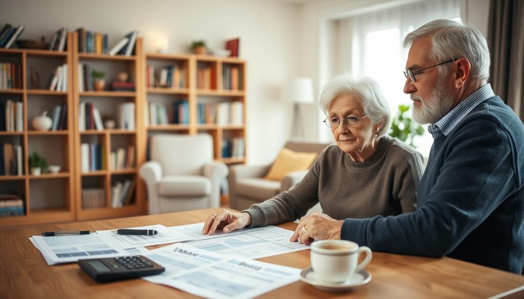 A serene and well-composed image of an elderly couple engaged in financial planning. In the foreground, the couple sits at a table, surrounded by financial documents, a calculator, and a cup of coffee, conveying a sense of diligence and focus. The middle ground features a bookshelf filled with financial literature, hinting at their preparedness. The background is a warm, softly-lit living room, with a comfortable armchair and a potted plant, creating a cozy and contemplative atmosphere. The lighting is gentle, casting a natural glow on the couple's faces, emphasizing their concentration and determination to secure their financial future in their golden years.