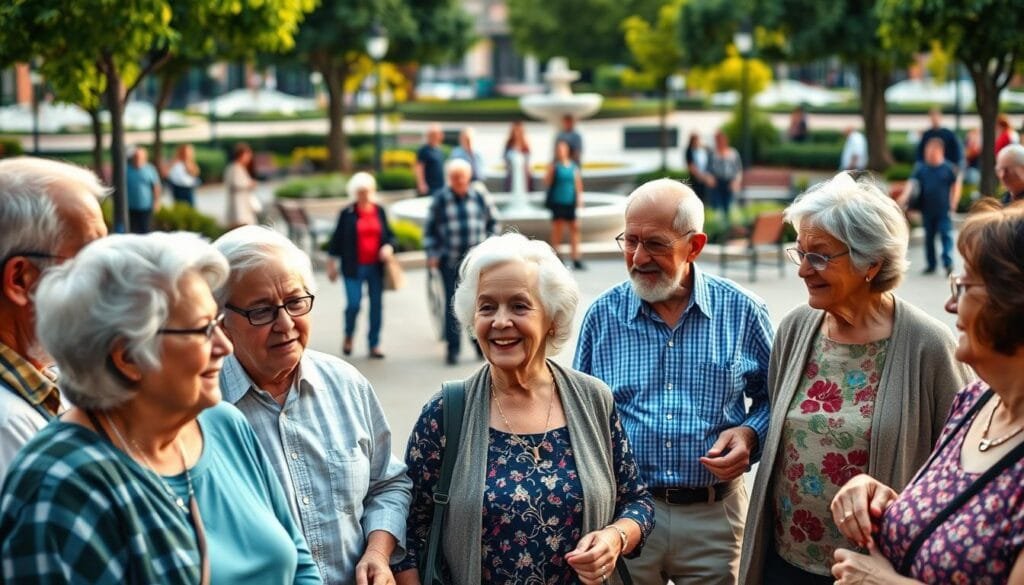 A vibrant and inclusive scene of elderly individuals actively engaged in various social and civic activities. In the foreground, a group of seniors participates in a lively community discussion, their faces animated with thoughtful expressions. In the middle ground, an elderly couple strolls through a bustling public square, stopping to converse with neighbors. The background features a well-designed public park with benches, fountains, and lush greenery, inviting older adults to gather, socialize, and enjoy their leisure time. The scene is illuminated by warm, natural lighting, capturing the sense of community, engagement, and the valuable contributions of the elderly in modern society.
