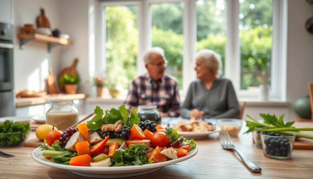A warm, inviting kitchen scene with a table set for a healthy meal for seniors. In the foreground, a plate filled with a balanced assortment of colorful, nutrient-dense foods - leafy greens, vibrant vegetables, lean protein, and whole grains. Surrounding the plate, various kitchen tools and ingredients suggest the process of preparing the meal, such as chopping boards, utensils, and fresh herbs. In the middle ground, an elderly couple seated at the table, engaged in a relaxed conversation, conveying a sense of contentment and well-being. The background features a large window overlooking a lush, verdant garden, bathed in soft, natural lighting that creates a soothing, tranquil atmosphere. The overall scene exudes a feeling of healthfulness, togetherness, and a balanced, active lifestyle for seniors.