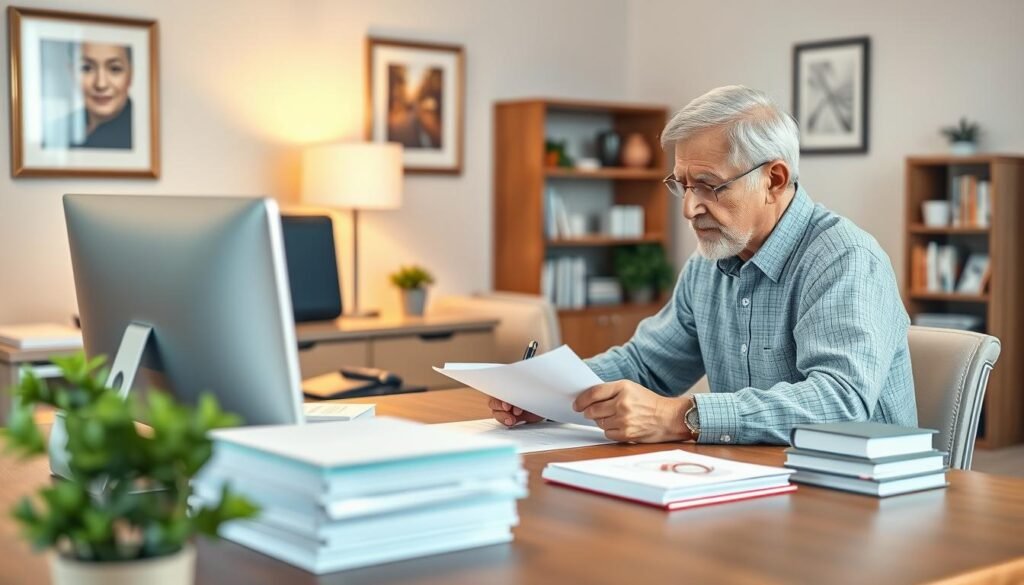 A well-lit, high-resolution 3D rendering of a senior citizen couple sitting at a table, signing legal documents related to a retirement consortium. The foreground features the couple's focused expressions and the papers they are reviewing, with a pen in the man's hand. The middle ground shows the clean, organized desk with a computer monitor, stacks of files, and a potted plant. The background depicts a cozy, professional office setting with warm lighting, framed artwork on the walls, and a bookshelf in the corner, conveying a sense of trust, security, and attention to legal details for elderly clients.