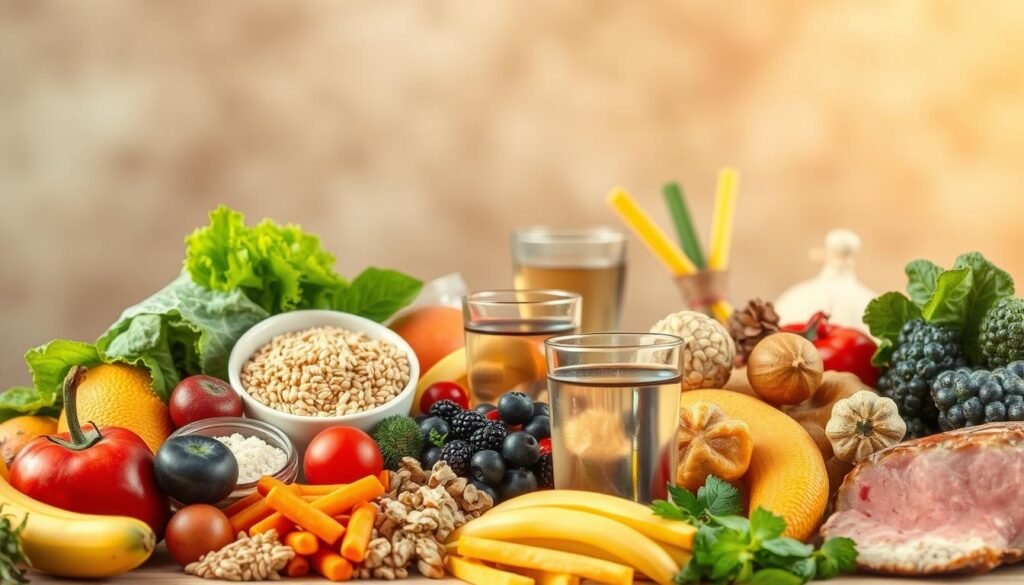 A balanced diet with a variety of nutritious foods against a soft, natural background. In the foreground, an assortment of fresh fruits, vegetables, whole grains, and lean proteins arranged harmoniously. Warm, diffused lighting casts a gentle glow, highlighting the vibrant colors and textures. In the middle ground, a glass of water or herbal tea, symbolizing hydration. The overall atmosphere is one of balance, wholesomeness, and a sense of wellness, reflecting the importance of a balanced diet for brain health.