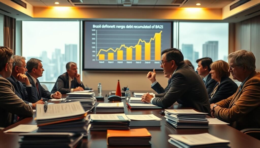 A boardroom table with stacks of papers and financial documents, illuminated by warm overhead lighting. In the foreground, a group of businesspeople engaged in animated discussion, their expressions serious as they negotiate debt restructuring terms. The middle ground features a projection screen displaying a graph of Brazil's economic indicators, highlighting the challenge of accumulated debts. The background blurs slightly, revealing a cityscape outside the window, suggesting the broader economic context. The overall mood is one of tension and concentration, as the participants work to find a mutually beneficial solution to the country's debt crisis.