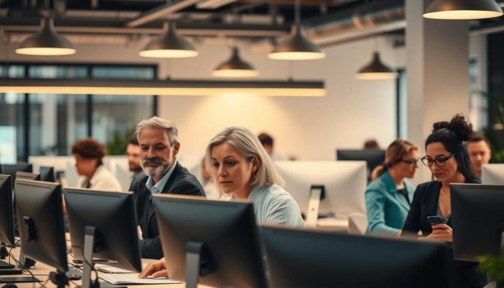 A bustling office setting, with a diverse team of experienced professionals collaborating at their desks. Warm, soft lighting casts a welcoming glow, highlighting their focused expressions as they engage with their work. In the background, a modern, minimalist decor scheme sets the tone, suggesting a dynamic, forward-thinking environment that values the expertise and wisdom of its senior-level employees. The scene conveys a sense of productivity, innovation, and a company culture that embraces the unique contributions of its experienced workforce.