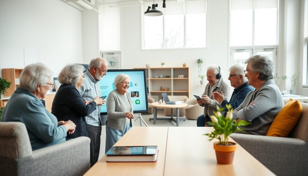 A cheerful and welcoming scene of digital inclusion for seniors, set in a modern, well-lit classroom. In the foreground, a group of elderly learners gathered around a large touchscreen display, engaged in a collaborative learning activity. Their faces are animated with curiosity and enthusiasm as they navigate digital interfaces with the guidance of a patient, smiling instructor. The middle ground features a variety of comfortable seating arrangements and accessible technology, fostering an atmosphere of support and empowerment. The background depicts a spacious, airy room with large windows, allowing natural light to flood the space and create a warm, inviting ambiance. The overall scene conveys a sense of empowerment, as seniors confidently embrace the digital world and overcome their fears through hands-on learning and a nurturing environment.