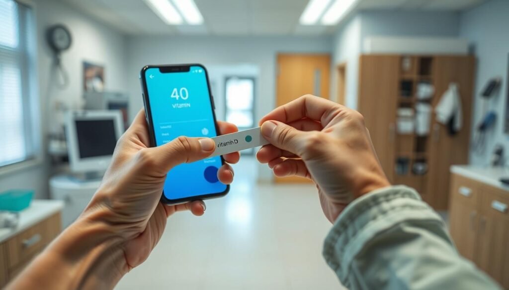 A close-up shot of a person's hand holding a medical test strip, with a smartphone displaying the test results. The background is a clean, well-lit medical office, with various healthcare equipment and instruments visible. The lighting is soft and natural, creating a sense of professionalism and care. The focus is on the test strip, highlighting the monitoring of vitamin D levels, with the smartphone screen displaying the numerical result. The overall atmosphere conveys a sense of personal health management and the importance of maintaining optimal vitamin D levels, especially for the elderly.
