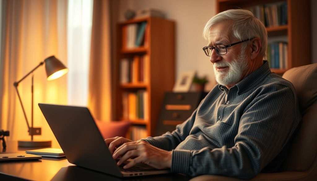 A cozy home office setting with an elderly person comfortably seated at a desk, deeply engaged in playing a captivating digital game on a sleek laptop. The room is bathed in warm, soft lighting, creating a tranquil and inviting atmosphere. In the background, a bookshelf and a few personal mementos suggest a nurturing, intellectual environment. The individual's expression exudes a sense of focus, excitement, and mental stimulation, hinting at the cognitive benefits of their gaming activity. The scene conveys the seamless integration of gameplay into the daily routine, inspiring a sense of lifelong learning and personal enrichment.