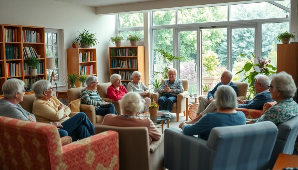 A cozy living room filled with vibrant colors and natural light, where a group of elderly people engage in lively conversation. In the foreground, a circle of comfortable armchairs and sofas, where friends share stories and laughter. In the middle ground, bookshelves and potted plants add a sense of warmth and homeliness. The background features a large window overlooking a lush garden, inviting the outdoors in. The overall scene exudes a feeling of contentment, connection, and the importance of social interaction in the golden years.
