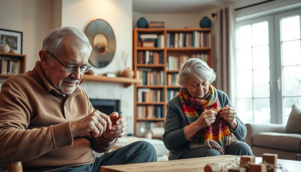 A cozy living room setting, with an elderly couple engaged in various hobbies. In the foreground, the man is intently working on a woodworking project, his brow furrowed in concentration. Next to him, his wife is knitting a vibrant, colorful scarf, her fingers deftly moving the needles. In the middle ground, a large bookshelf stands, filled with volumes on a variety of topics, hinting at their intellectual pursuits. The background features a warm, soft-lit environment, with a fireplace casting a gentle glow and large windows allowing natural light to filter in, creating a sense of comfort and tranquility. The overall atmosphere conveys the joy and fulfillment found in the simple pleasures of lifelong hobbies and shared interests. A cozy living room setting, with an elderly couple engaged in various hobbies. In the foreground, the man is intently working on a woodworking project, his brow furrowed in concentration. Next to him, his wife is knitting a vibrant, colorful scarf, her fingers deftly moving the needles. In the middle ground, a large bookshelf stands, filled with volumes on a variety of topics, hinting at their intellectual pursuits. The background features a warm, soft-lit environment, with a fireplace casting a gentle glow and large windows allowing natural light to filter in, creating a sense of comfort and tranquility. The overall atmosphere conveys the joy and fulfillment found in the simple pleasures of lifelong hobbies and shared interests.