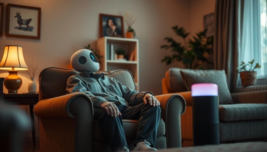 A cozy senior living room with soft lighting and warm tones. An elderly person relaxes on a comfortable armchair, surrounded by a gentle companion robot, Alexa, engaging in friendly conversation. The atmosphere conveys a sense of comfort, companionship, and reduced feelings of loneliness. The lighting is subtle, creating a soothing ambiance, and the camera angle captures the scene from a slightly elevated perspective, emphasizing the peaceful intimacy of the moment. The overall composition and mood reflect the theme of Alexa's role in combating loneliness among the elderly in the United States. A cozy senior living room with soft lighting and warm tones. An elderly person relaxes on a comfortable armchair, surrounded by a gentle companion robot, Alexa, engaging in friendly conversation. The atmosphere conveys a sense of comfort, companionship, and reduced feelings of loneliness. The lighting is subtle, creating a soothing ambiance, and the camera angle captures the scene from a slightly elevated perspective, emphasizing the peaceful intimacy of the moment. The overall composition and mood reflect the theme of Alexa's role in combating loneliness among the elderly in the United States.