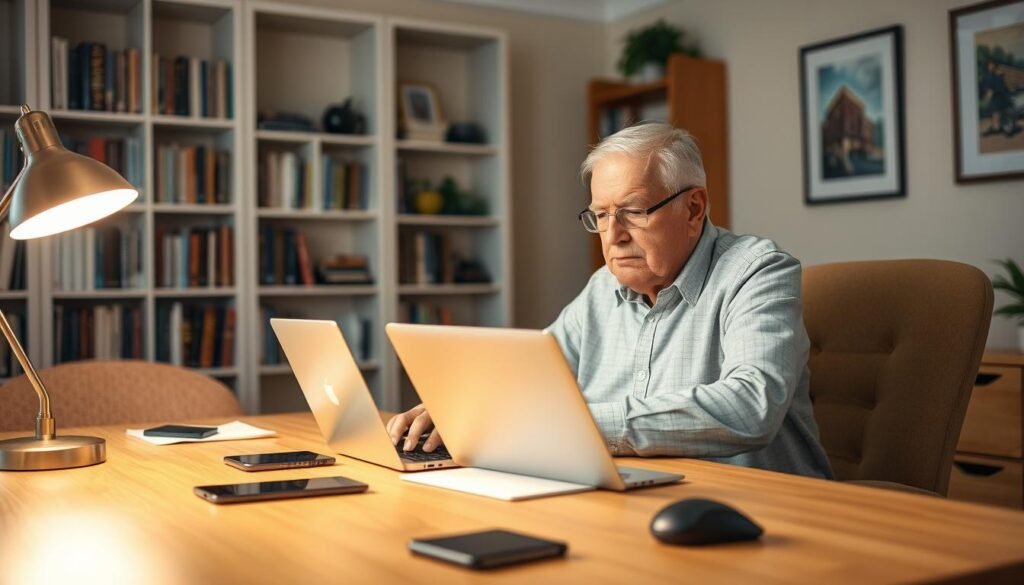 A cozy, well-lit office setting with an elderly person sitting at a desk, surrounded by various technology devices. In the foreground, a senior man in casual attire is intently focused on a laptop, brows furrowed in concentration. On the desk, a tablet, smartphone, and wireless mouse are neatly arranged. Warm lighting from a desk lamp casts a soft glow, creating a welcoming atmosphere. In the background, bookshelves and framed artwork adorn the walls, suggesting a professional yet personalized space. The scene conveys a sense of guidance and support, as the elderly individual navigates the digital world with the aid of a dedicated technological consultant.