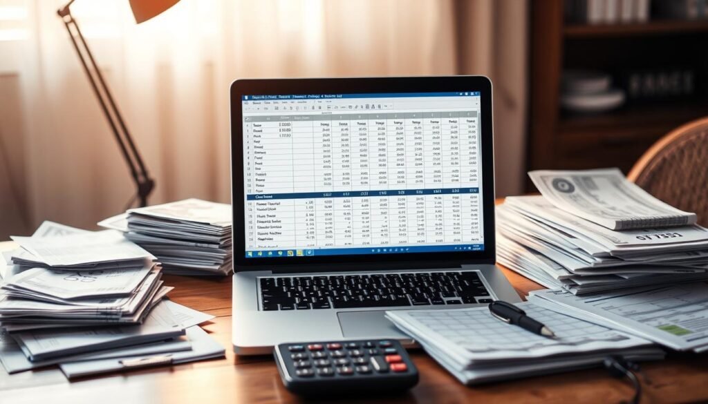 A detailed financial analysis spreadsheet displayed on a laptop screen, surrounded by stacks of bills, bank statements, and financial documents. The laptop is placed on a wooden desk, with a calculator, pen, and a thoughtful expression on the user's face. The background is softly blurred, conveying a contemplative and focused atmosphere. Warm lighting from a desk lamp casts a gentle glow, highlighting the importance of the financial task at hand. The overall composition suggests a comprehensive assessment of one's financial situation, with attention to detail and a sense of diligence.