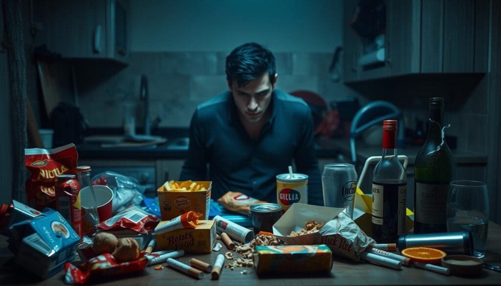 A dimly lit, cluttered kitchen scene. In the foreground, a table is strewn with unhealthy snacks, fast food containers, and sugary drinks. Cigarettes and an open bottle of wine sit nearby. In the middle ground, a person looks stressed, with a furrowed brow and slumped shoulders. The background is hazy, with a sense of fatigue and malaise. Harsh, unforgiving lighting casts deep shadows, creating an oppressive atmosphere. The overall composition conveys the detrimental impact of poor lifestyle choices on the immune system. A dimly lit, cluttered kitchen scene. In the foreground, a table is strewn with unhealthy snacks, fast food containers, and sugary drinks. Cigarettes and an open bottle of wine sit nearby. In the middle ground, a person looks stressed, with a furrowed brow and slumped shoulders. The background is hazy, with a sense of fatigue and malaise. Harsh, unforgiving lighting casts deep shadows, creating an oppressive atmosphere. The overall composition conveys the detrimental impact of poor lifestyle choices on the immune system.