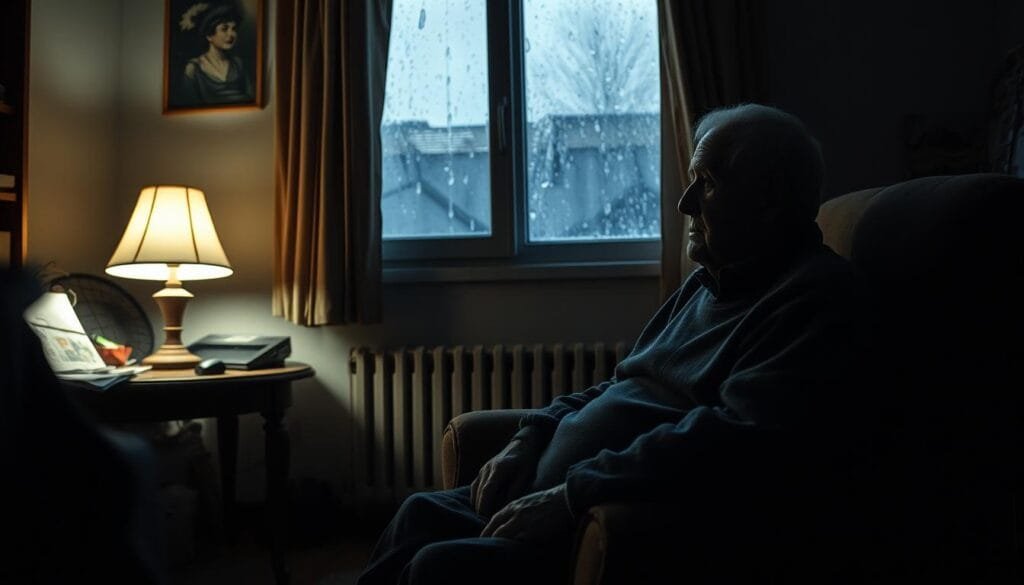 A dimly lit senior citizen's apartment, the soft glow of a table lamp casting shadows across the cluttered room. An elderly person sits alone on a worn armchair, their face etched with loneliness, gazing wistfully out a rain-streaked window. The room is sparsely furnished, with a sense of isolation and detachment, highlighting the subject's emotional state. The scene is captured with a shallow depth of field, focusing attention on the solitary figure, conveying a palpable sense of melancholy and disconnection from the outside world. The overall mood is one of contemplative solitude, a poignant depiction of the challenges of aging alone. A dimly lit senior citizen's apartment, the soft glow of a table lamp casting shadows across the cluttered room. An elderly person sits alone on a worn armchair, their face etched with loneliness, gazing wistfully out a rain-streaked window. The room is sparsely furnished, with a sense of isolation and detachment, highlighting the subject's emotional state. The scene is captured with a shallow depth of field, focusing attention on the solitary figure, conveying a palpable sense of melancholy and disconnection from the outside world. The overall mood is one of contemplative solitude, a poignant depiction of the challenges of aging alone.
