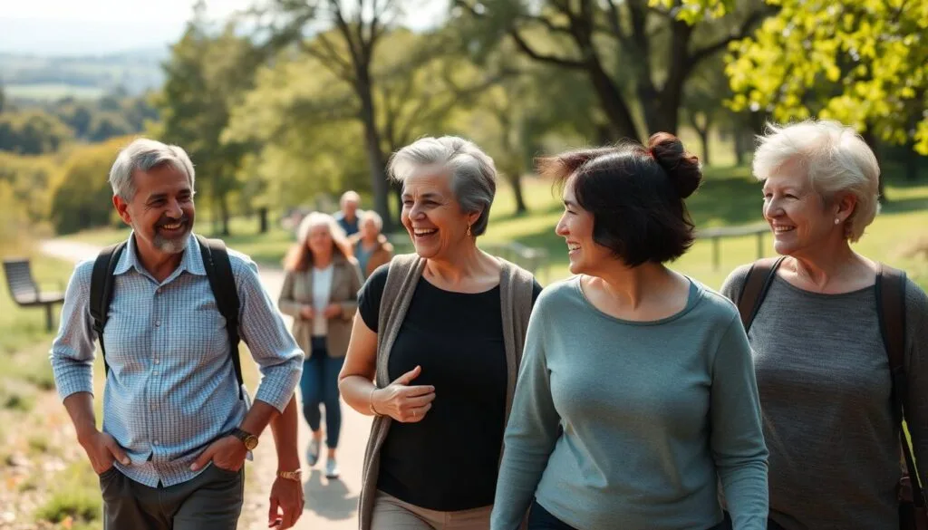 A group of people of various ages walking together in a scenic park or nature trail, with a sense of camaraderie and social connection. In the foreground, three or four individuals engaged in animated conversation, their faces expressing joy and a sense of well-being. In the middle ground, the group progresses along a winding path, surrounded by lush greenery and sunlight filtering through the trees. In the background, a serene landscape with rolling hills or a tranquil body of water. The overall mood is one of positivity, healthy activity, and the benefits of social interaction during a group walking exercise.