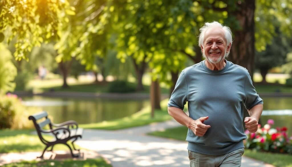 A healthy older adult walks briskly along a sun-dappled park path, surrounded by lush green trees and vibrant flowers. Their face is radiant with a warm, content expression, reflecting a lifestyle of balanced nutrition, regular exercise, and mental stimulation. In the middle ground, a bench invites passersby to pause and take in the serene atmosphere. The background features a tranquil pond, its surface gently rippling, symbolizing the flow and rejuvenation of a healthy, active life. Soft, diffused lighting casts a peaceful, welcoming ambiance, conveying the harmony between the individual and their environment.
