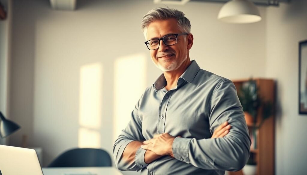 A middle-aged professional man standing confidently in a well-lit office, sleeves rolled up, laptop open on his desk, bookshelf and potted plant in the background. He exudes a sense of focus and determination, symbolizing the opportunities for career growth and renewal that arise in the second half of life. Soft, warm lighting illuminates the scene, creating a welcoming and inspiring atmosphere. The angle is slightly elevated, conveying the man's newfound sense of empowerment and purpose. Overall, the image captures the idea of professional reinvention and the power of lifelong learning.