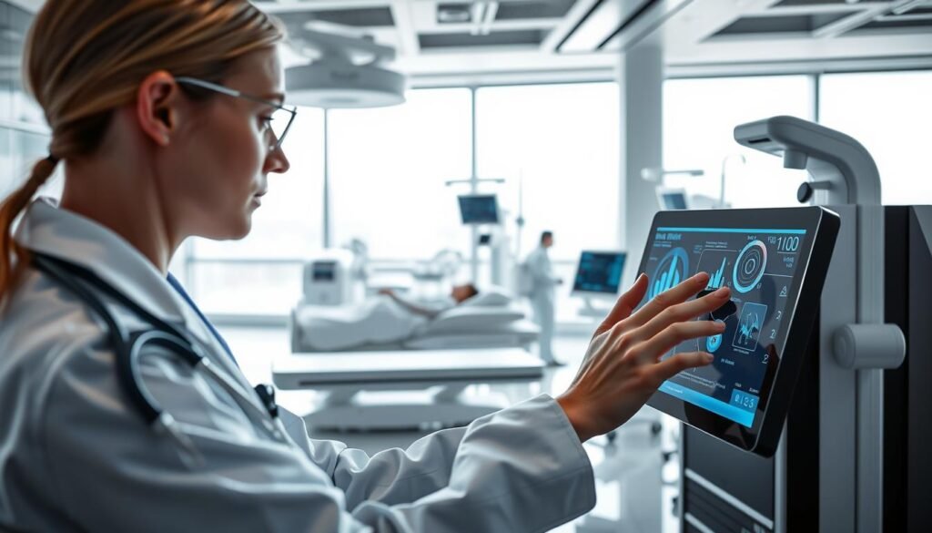 A modern healthcare facility with sleek, futuristic medical equipment and devices. In the foreground, a doctor or nurse interacts with a high-tech touchscreen interface, their hands gliding across the display. In the middle ground, patients rest comfortably in advanced hospital beds, monitors and sensors tracking their vital signs. The background showcases a clean, minimalist design with large windows allowing natural light to flood the space. The overall mood is one of innovation, efficiency, and the seamless integration of technology into the practice of medicine, reflecting the influence of technology on modern healthcare.
