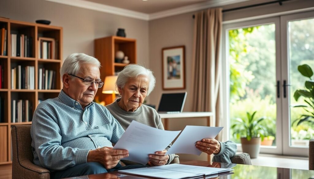 A peaceful and tranquil scene of elderly individuals thoughtfully discussing their legacy and succession planning. In the foreground, two senior citizens sit together, faces serene and engaged, as they review important documents. The middle ground features a well-appointed home office, with bookshelves, a desk, and a large window letting in warm, diffused lighting. In the background, a lush, verdant garden can be seen through the window, symbolizing the growth and continuity of the family's future. The overall atmosphere conveys a sense of care, wisdom, and considered decision-making, reflecting the careful planning required for a secure and meaningful retirement.