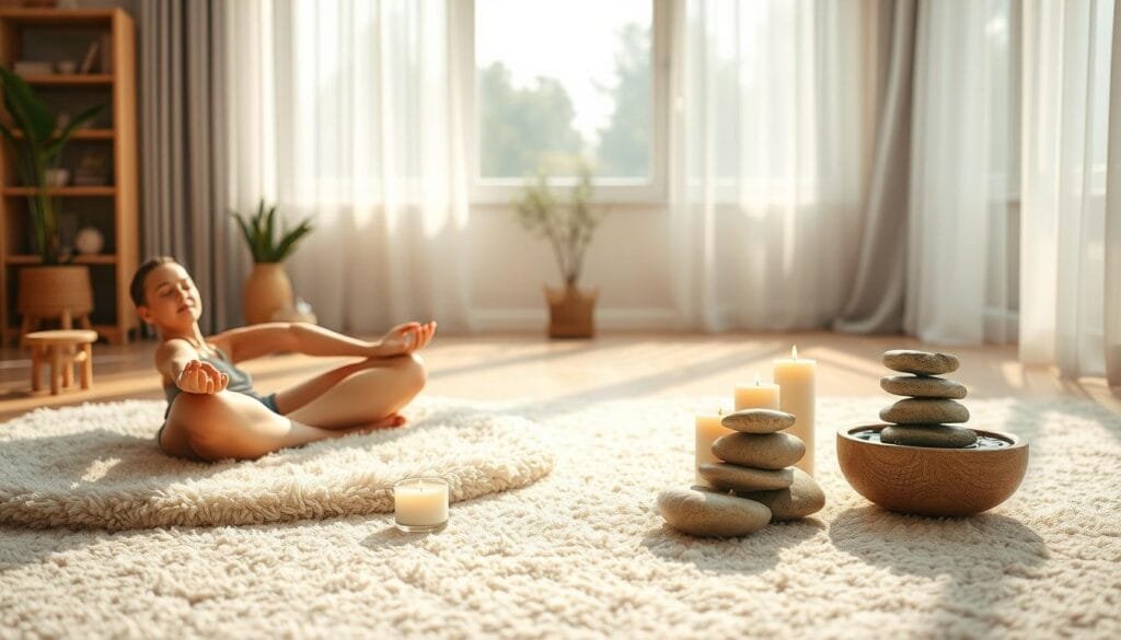 A peaceful, calming scene of a person practicing relaxation techniques to relieve chronic pain. In the foreground, a person is sitting cross-legged on a soft, plush rug, their eyes closed in meditation. Soft, diffused natural lighting filters through large, airy windows, casting a warm glow. In the middle ground, an array of soothing elements are placed, such as scented candles, a bowl of river stones, and a small fountain with gently flowing water. The background depicts a serene, minimalist interior with neutral colors and natural textures, creating a tranquil atmosphere conducive to mindfulness and pain relief.