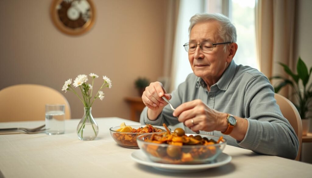 A peaceful elderly person enjoying a mindful meal at a cozy dining table. In the foreground, an older adult with a serene expression savors a hearty, nutrient-rich dish, free from distractions. The middle ground showcases a simple yet elegant table setting, with a clean linen tablecloth, minimalist dishware, and a small vase of fresh flowers. The background gently fades into a warm, softly lit interior, creating a tranquil, contemplative atmosphere. Soft natural lighting filters through a nearby window, emphasizing the act of being present and fully engaged with the nourishing experience. The scene conveys a sense of intentionality, balance, and the joy of savoring a meal without rushing or external distractions.
