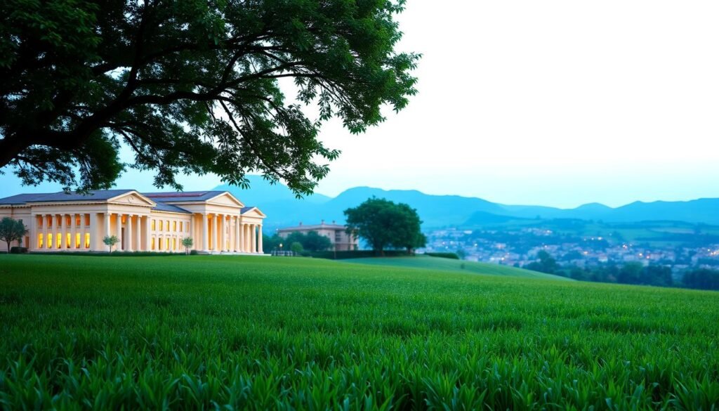 A serene and tranquil investment landscape, with a lush, verdant meadow in the foreground. In the middle ground, a row of sturdy, well-constructed buildings representing secure financial institutions, their facades adorned with a warm, inviting glow from the soft, diffused lighting. In the distance, a range of rolling hills and a clear, azure sky, conveying a sense of stability and long-term security. The overall mood is one of stability, reliability, and safety, reflecting the concept of "Investimentos Seguros" (Secure Investments).