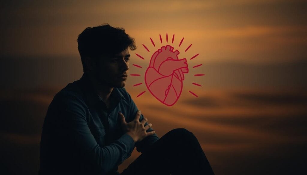 A serene, dimly lit scene depicting the interplay between stress and heart health. In the foreground, a person sits with a pensive expression, their hands pressed against their chest, conveying the physical manifestation of emotional strain. The middle ground features a stylized heart, its rhythm disrupted by waves of tension radiating outward. The background is a softly blurred, ethereal landscape, evoking a sense of introspection and the need for balance. Warm, muted tones create an atmosphere of contemplation, while carefully placed shadows and highlights accentuate the subject's emotional state and the delicate relationship between the mind and the cardiovascular system.