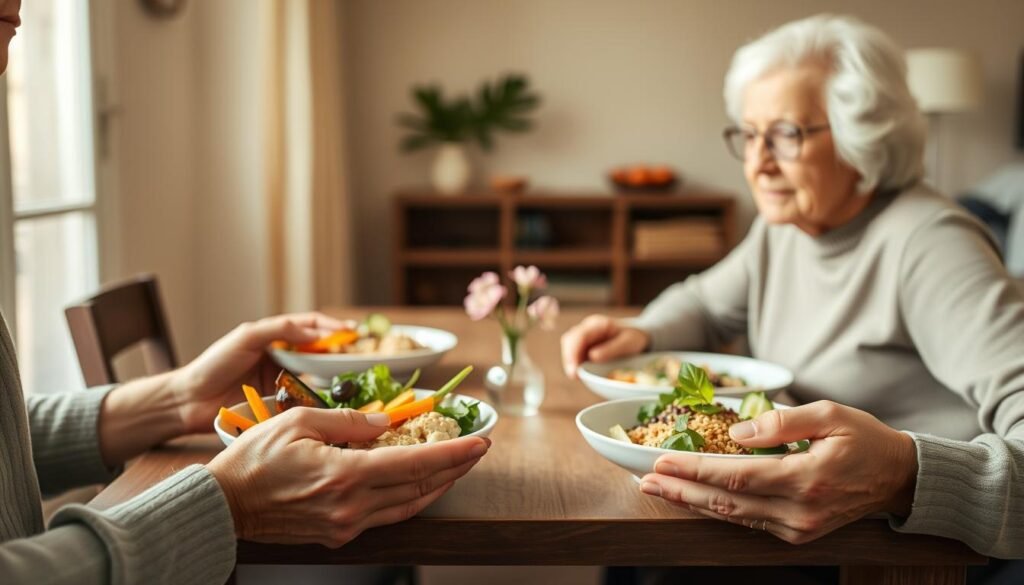 A serene elderly couple sitting at a table, enjoying a mindful meal together. In the foreground, their hands tenderly hold their plates, filled with fresh, vibrant vegetables, whole grains, and a light protein. The middle ground features a simple, minimalist table setting, with a small vase of flowers providing a natural accent. The background depicts a cozy, warm-toned interior, with soft natural lighting filtering through a window, creating a calming atmosphere. The scene conveys a sense of contentment, balance, and a deliberate, thoughtful approach to nourishing their bodies and minds.