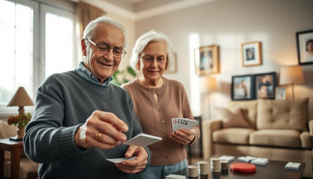 A serene elderly couple standing in a well-lit living room, their faces radiating contentment and focus as they engage in a game of cards. The room is tastefully decorated with warm, natural tones, subtle lighting filtering in through large windows, creating a cozy and calming atmosphere. In the foreground, their hands carefully manipulate the cards, showcasing the dexterity and attentiveness that comes with age. The middle ground features a comfortable couch and a side table, while the background subtly hints at the importance of vision, with framed artwork and family photographs adorning the walls. The overall scene conveys the sense of a lifetime of experiences and the importance of maintaining visual acuity in the golden years.
