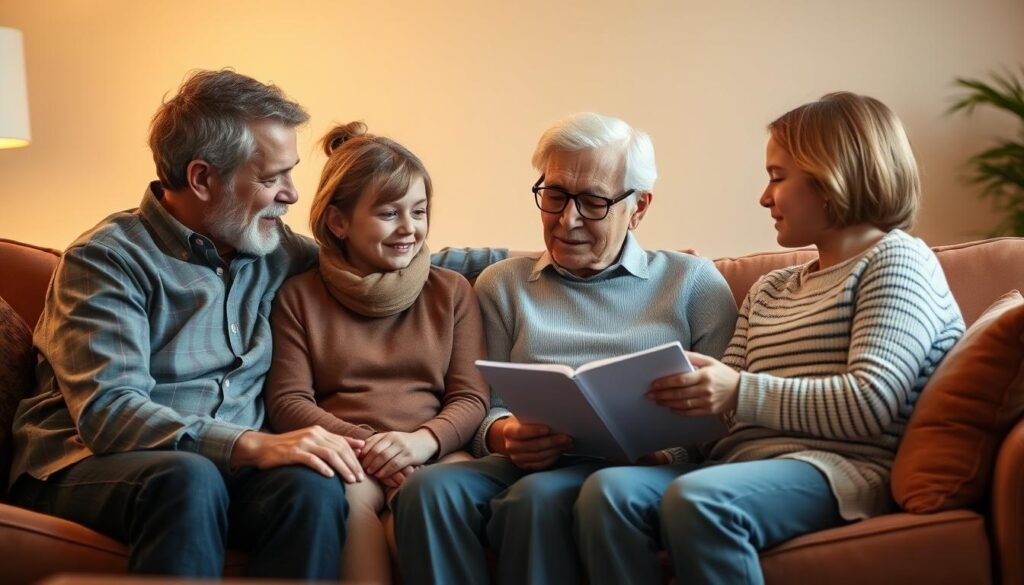 A serene family gathering in a cozy living room, grandparents seated comfortably on a plush sofa, engaged in a heartfelt discussion with their grandchildren. The scene is bathed in warm, inviting lighting, creating a sense of intimacy and trust. The grandparents' expressions convey wisdom and experience, as they guide the younger generation through the intricacies of financial planning and the importance of saving for the future. The grandchildren listen intently, their faces reflecting a mixture of curiosity and understanding, setting the stage for a meaningful intergenerational exchange of knowledge and values.