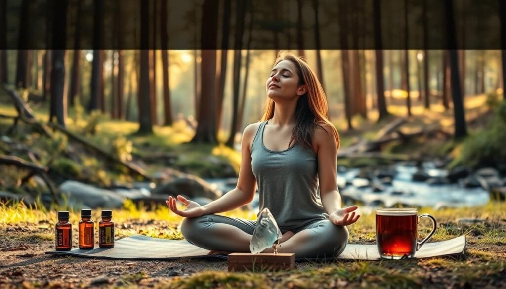 A serene landscape with a person sitting in a meditative pose, their eyes closed, surrounded by various coping mechanisms for chronic pain relief - a yoga mat, essential oils, a healing crystal, and a cup of herbal tea. The scene is bathed in warm, natural lighting, casting a soothing glow over the tranquil setting. In the background, a lush forest with towering trees and a calming stream, creating a sense of harmony and connection with nature. The overall mood is one of mindfulness, self-care, and a holistic approach to managing chronic discomfort.