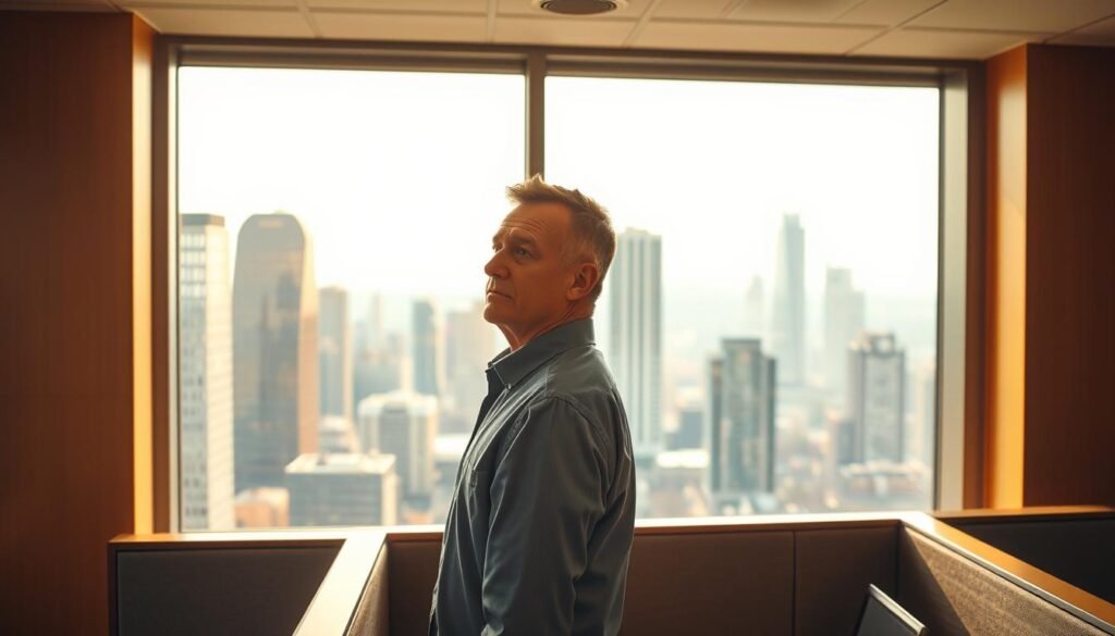 A serene middle-aged person standing at the edge of a sun-dappled office cubicle, gazing thoughtfully out a large window overlooking a bustling city skyline. The figure is dressed in professional attire, their posture conveying a sense of anticipation and reflection, as they contemplate the next chapter of their career and life. Warm, directional lighting illuminates their face, casting a pensive expression. The background is a blend of modern office elements and the distant urban landscape, suggesting the transition from active employment to retirement. An atmosphere of quiet contemplation and the sense of an impending life change permeates the scene.