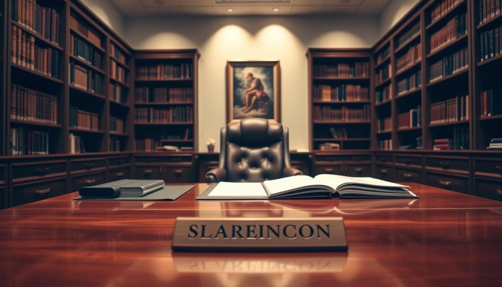 A serene office setting, with a mahogany desk in the foreground, adorned with carefully arranged documents and a well-polished nameplate. The middle ground features a comfortable leather chair, inviting the viewer to imagine the thoughtful individual who occupies it. In the background, floor-to-ceiling bookshelves line the walls, exuding an air of wisdom and expertise. Soft, directional lighting illuminates the scene, casting a warm glow that evokes a sense of security and stability. The overall atmosphere conveys the importance of meticulous succession planning, a crucial step in protecting one's legacy and ensuring a smooth transition of wealth and assets.