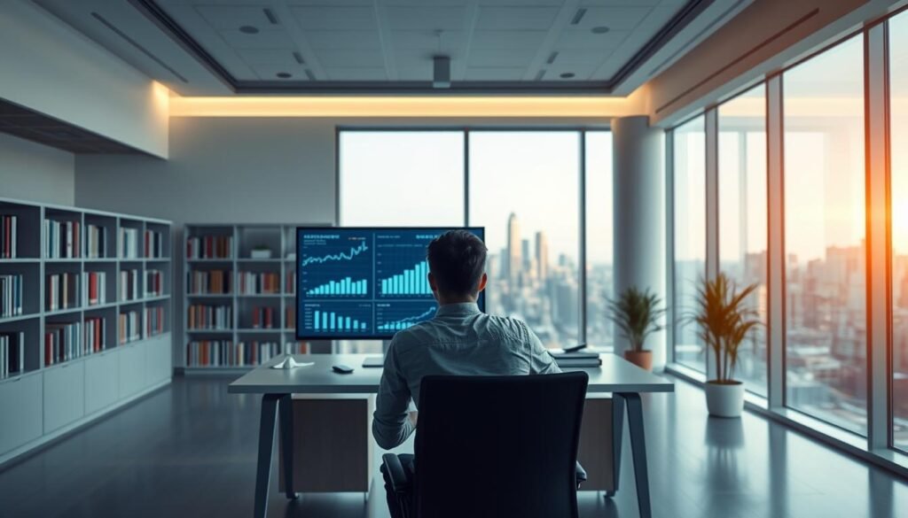 A serene office space with a sleek, modern design. In the foreground, a young person sits at a minimalist desk, intently studying financial charts and graphs displayed on a high-resolution touchscreen monitor. Soft, diffused lighting from overhead fixtures casts a warm glow, creating a thoughtful, focused atmosphere. In the middle ground, bookshelves line the walls, filled with volumes on personal finance and investment strategies. The background features large windows overlooking a bustling cityscape, hinting at the integration of technology and finance in the modern world. The overall scene conveys a sense of innovation, education, and the empowering influence of technology in managing one's financial future.