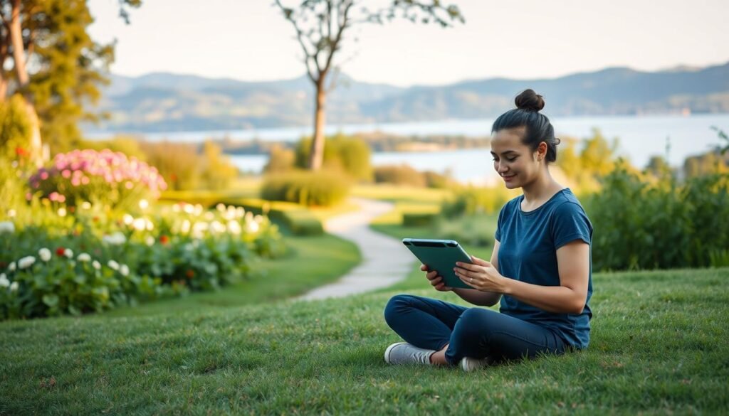 A serene outdoor scene showcasing language learning as a pathway to mental health and disease prevention. In the foreground, a person sitting cross-legged on the grass, immersed in a language-learning app on a tablet, with a peaceful expression. In the middle ground, a lush, verdant garden with blooming flowers and a winding path. In the background, a tranquil lake surrounded by rolling hills, bathed in warm, golden afternoon light. The overall atmosphere conveys a sense of calm, focus, and the rejuvenating power of language acquisition.