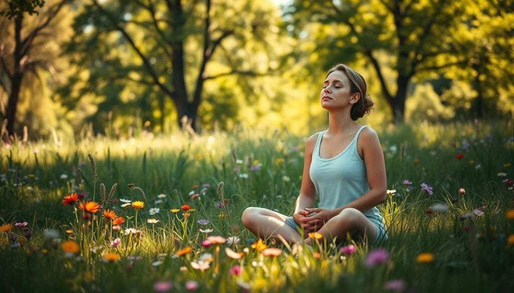 A serene, sun-dappled meadow with vibrant wildflowers and a lush, verdant canopy of trees in the background. In the foreground, a person sitting cross-legged, eyes closed, hands resting gently on their lap, exuding a sense of deep tranquility and inner peace. The soft, warm lighting casts a calming glow, emphasizing the importance of mental well-being and its connection to a robust immune system. The overall atmosphere evokes a feeling of harmony, balance, and the rejuvenating power of nature. A serene, sun-dappled meadow with vibrant wildflowers and a lush, verdant canopy of trees in the background. In the foreground, a person sitting cross-legged, eyes closed, hands resting gently on their lap, exuding a sense of deep tranquility and inner peace. The soft, warm lighting casts a calming glow, emphasizing the importance of mental well-being and its connection to a robust immune system. The overall atmosphere evokes a feeling of harmony, balance, and the rejuvenating power of nature.