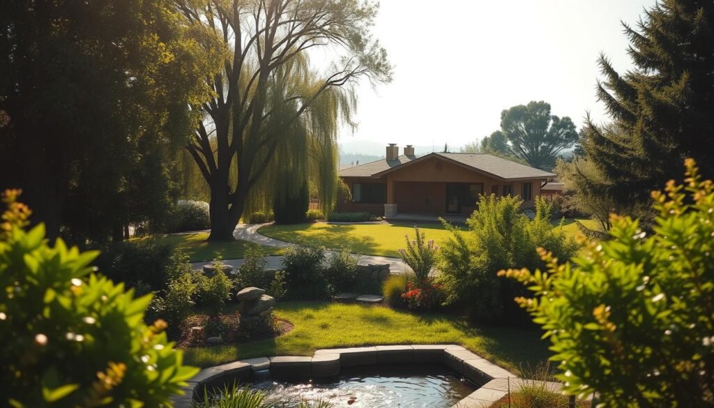 A serene, sun-dappled scene of a planned retirement, with a well-maintained garden in the foreground, featuring lush, verdant foliage and a gently flowing water feature. In the middle ground, a cozy, modern bungalow with clean lines and warm, earth-toned exteriors nestled among mature trees. The background showcases a distant, hazy horizon, evoking a sense of tranquility and possibility. The lighting is soft and diffused, creating a calming, contemplative atmosphere. The composition emphasizes balance and harmony, reflecting the careful planning and preparation for this important life transition.