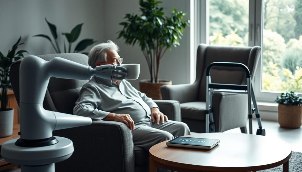 A serene, well-lit living room with an elderly person comfortably seated in a high-quality armchair, surrounded by various assistive technologies. In the foreground, a sleek, discreet robotic arm extends to offer a cup of tea. On the side table, a tablet displays health monitoring data. In the middle ground, a smart walker with integrated sensors stands ready. The background features a large window overlooking a lush, verdant garden, creating a calming, nature-inspired atmosphere. The lighting is soft and diffused, highlighting the advanced yet unobtrusive nature of the assistive technologies seamlessly integrated into the domestic environment.