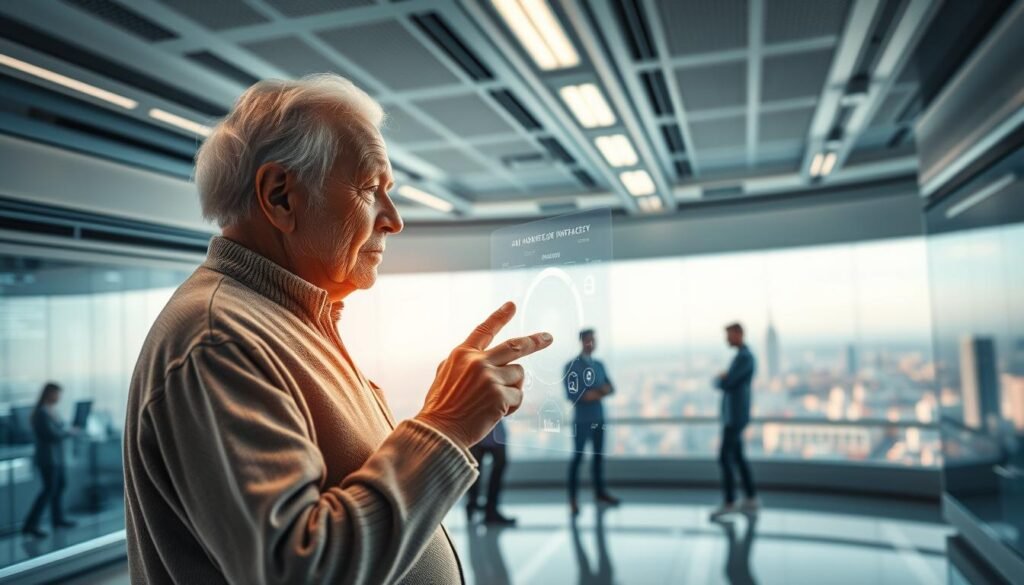 A sleek, futuristic laboratory setting with state-of-the-art technology. In the foreground, an elderly person interacts with a holographic display, exploring intuitive AI-powered interfaces designed for their needs. The middle ground features a team of researchers, developers, and designers collaborating on innovative solutions to empower the aging population. The background showcases a panoramic view of a bustling city, symbolizing the integration of emerging AI trends into the lives of senior citizens. Soft, warm lighting creates an atmosphere of progress and inclusivity, conveying the vision of a future where AI seamlessly enhances the independence and well-being of the elderly.