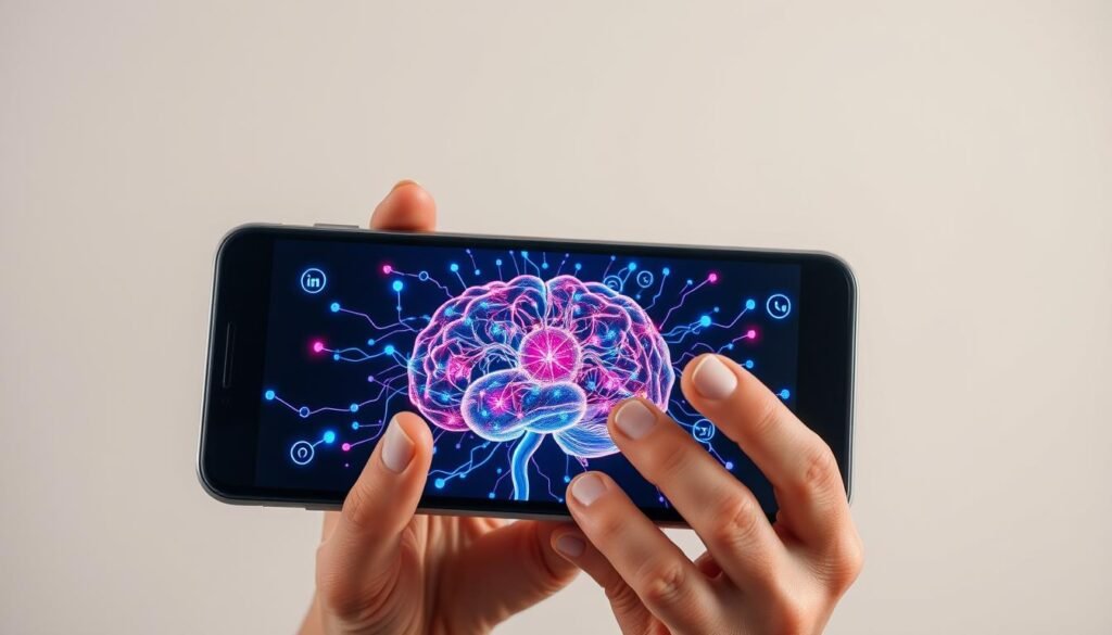 A sleek, modern mobile device with a clean, minimalist interface. The screen displays a vibrant, colorful visualization of cognitive processes, with intricate neural networks, synaptic connections, and flowing data streams. The device is held in the hands of a senior user, their face reflecting a sense of focus and engagement as they navigate the cognitive-enhancing app. The background is a serene, neutral palette, allowing the technology to take center stage. Soft, directional lighting casts subtle shadows, adding depth and dimension to the scene. The overall atmosphere conveys a sense of empowerment, productivity, and the positive impact of technology on cognitive health.