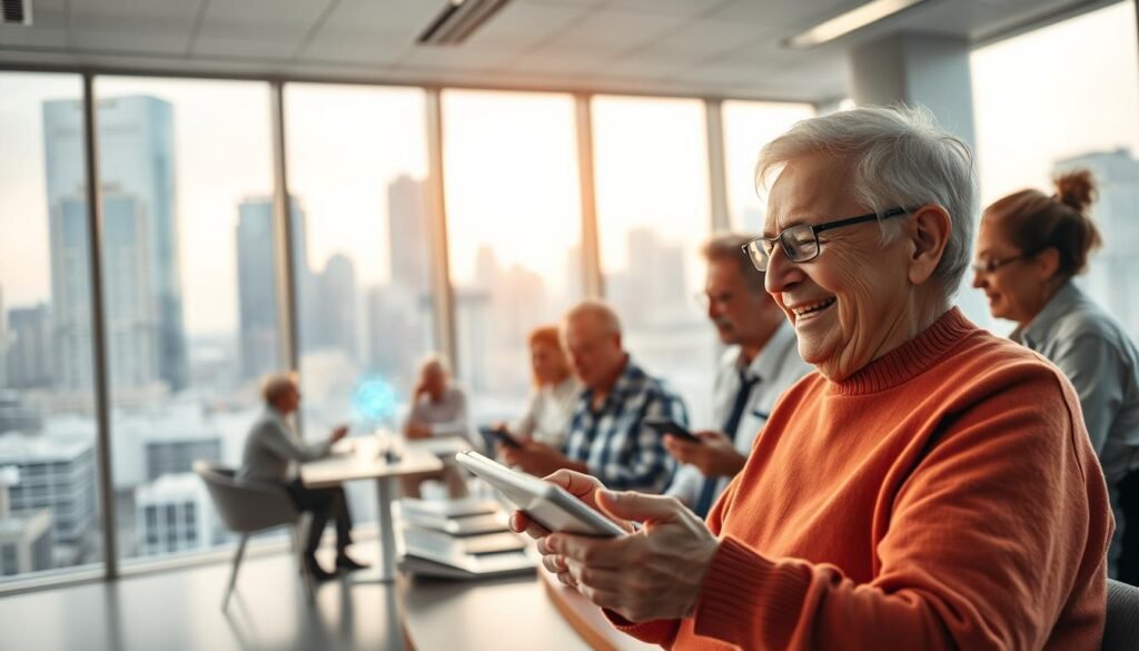 A sleek, modern office interior with large windows overlooking a bustling city skyline. In the foreground, a senior citizen enthusiastically interacts with a tablet, their face alight with fascination and discovery. The middle ground features other seniors gathered around a table, engaged in lively discussions, digital devices in hand. The background showcases cutting-edge technology, such as holograms and futuristic interfaces, symbolizing the transformative impact of mobile devices on cognitive stimulation and social connectivity during the pandemic. Warm, diffused lighting creates a sense of productivity and vitality. Capture this scene with a wide-angle lens to convey the scale and significance of technology's role in enriching the lives of the elderly.