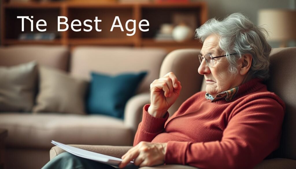 A thoughtful older person sitting in a comfortable armchair, reflecting on the best age to retire. The scene is warm and cozy, with soft lighting and a blurred background suggesting a living room. The person's expression conveys a sense of contemplation, their hand resting on a book or document that symbolizes the important decision they are considering. The overall mood is one of quiet contemplation, hinting at the careful planning and consideration that goes into the retirement decision.
