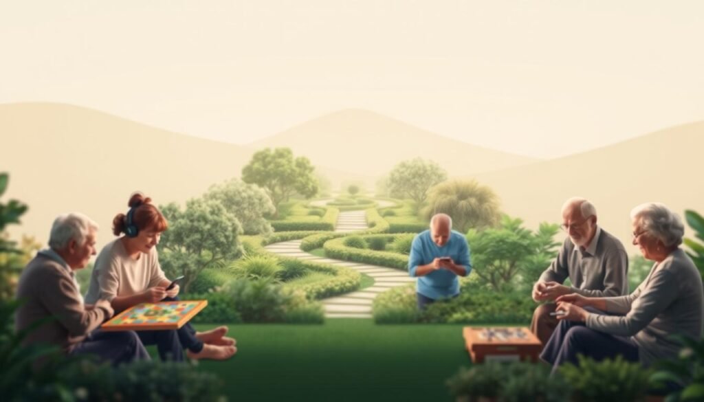 A tranquil, serene digital landscape with calming hues and soft lighting. In the foreground, a group of people of varying ages engaged in various mind-stimulating activities, such as playing board games, solving puzzles, or participating in interactive brain-training exercises. The middle ground features a lush, verdant garden with serene pathways, encouraging a sense of relaxation and mindfulness. In the background, a soothing, minimalist environment with muted colors and abstract patterns, creating a harmonious, therapeutic atmosphere. The overall composition conveys a sense of mental well-being, cognitive engagement, and the positive impact of digital games on the health and wellness of older individuals.