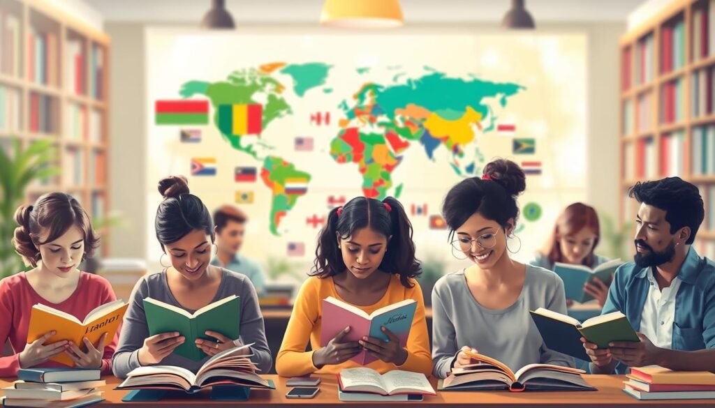 A vibrant, educational illustration showcasing effective language learning techniques. In the foreground, a diverse group of people engaged in various activities - reading books, listening to language lessons, practicing conversations. The middle ground features a world map, with colorful flags representing different languages. The background is a softly blurred library or study, bathed in warm, natural lighting. The overall mood is one of focus, determination, and a sense of cultural exploration. The scene conveys the benefits of multilingualism, both for personal growth and mental well-being.