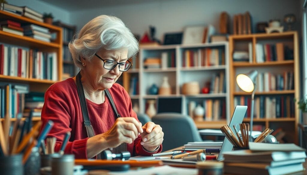 A vibrant scene of an elderly entrepreneur engrossed in her work, surrounded by the tools of her craft. Warm, soft lighting illuminates her focused expression as she meticulously crafts her latest creation. In the middle ground, shelves lined with books and educational materials suggest a commitment to lifelong learning. The background features a cozy, well-appointed home office, conveying a sense of dedication and perseverance. The overall atmosphere is one of inspiration and empowerment, highlighting the role of continued education in enabling entrepreneurial success in the third age. A vibrant scene of an elderly entrepreneur engrossed in her work, surrounded by the tools of her craft. Warm, soft lighting illuminates her focused expression as she meticulously crafts her latest creation. In the middle ground, shelves lined with books and educational materials suggest a commitment to lifelong learning. The background features a cozy, well-appointed home office, conveying a sense of dedication and perseverance. The overall atmosphere is one of inspiration and empowerment, highlighting the role of continued education in enabling entrepreneurial success in the third age.