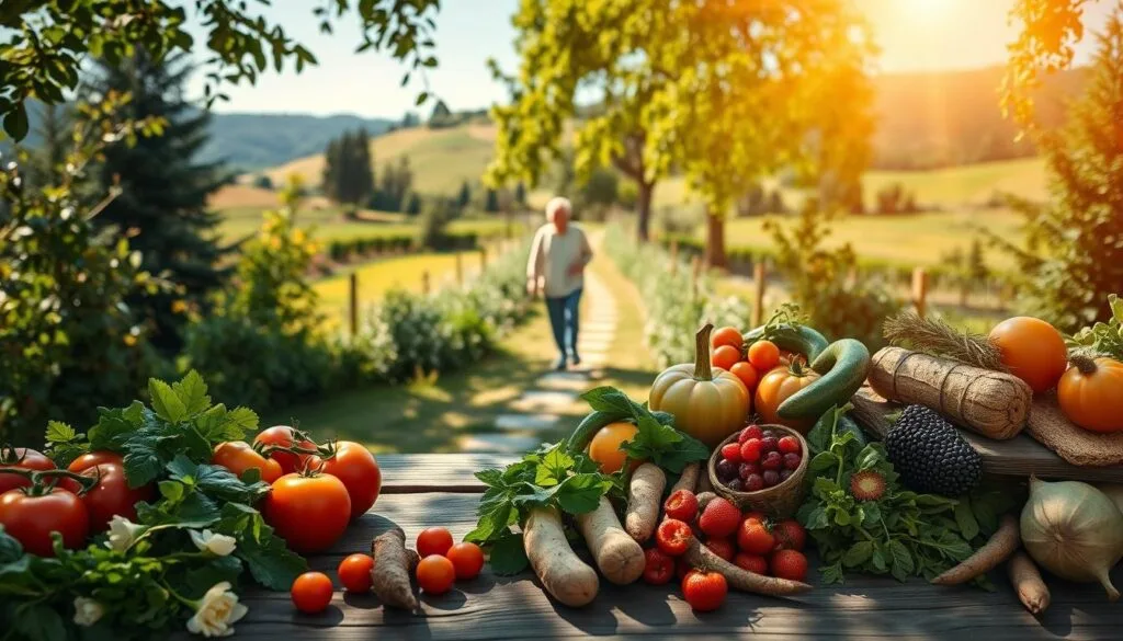A vibrant, sun-dappled outdoor scene showcasing healthy, nutrient-rich foods that contribute to longevity. In the foreground, an array of fresh fruits and vegetables - ripe tomatoes, leafy greens, vibrant berries, and hearty roots - arranged artfully on a rustic wooden table. In the middle ground, a elderly person strolling along a winding garden path, basking in the warm, golden light. The background features a lush, verdant landscape with rolling hills, towering trees, and a clear blue sky. The scene conveys a sense of vitality, wellness, and the harmonious relationship between a nourishing diet and an active lifestyle.