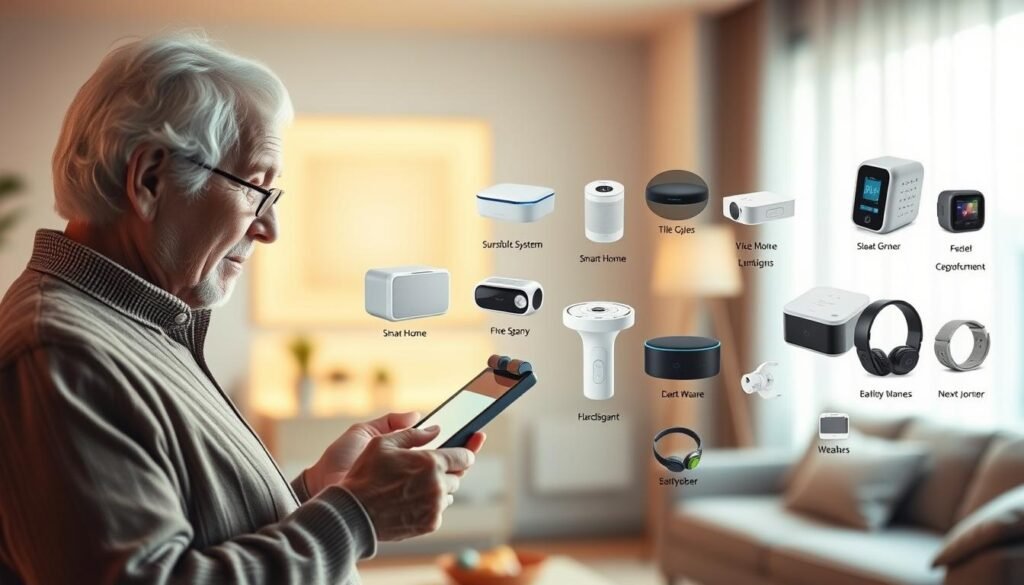 A warm, softly lit interior space showcasing innovative technological solutions tailored for the elderly. In the foreground, an older adult confidently navigates a touchscreen tablet, their face illuminated by the device's glow. The middle ground features an array of assistive gadgets, from voice-controlled smart home systems to wearable health monitors. The background subtly depicts a serene, modern living room setting, hinting at the integration of these technologies into a comfortable, welcoming environment. Soft, muted tones and a sense of tranquility evoke the thoughtful, inclusive approach to designing for the unique needs of the aging population.