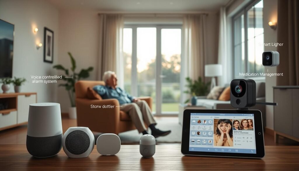 A well-lit and modern living room with an elderly person comfortably seated in a stylish armchair, surrounded by various technological devices designed to enhance their safety and quality of life. In the foreground, a smart home assistant device, a voice-controlled alarm system, and a medication management app displayed on a tablet. In the middle ground, a motion-activated lighting system and a video doorbell. In the background, a large window overlooking a peaceful outdoor scene, creating a calming and serene atmosphere. The overall mood conveys a sense of security, independence, and technological integration seamlessly enhancing the daily life of the elderly occupant.